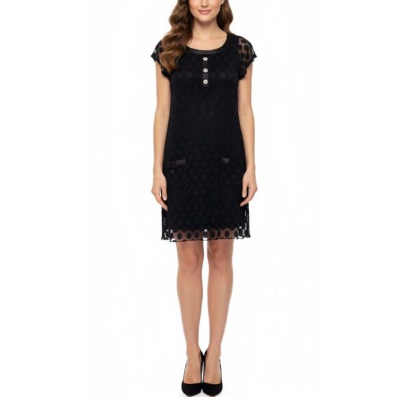 Enfocus Studio Dresses & Skirts - Enfocus Studio Black Sheer Circle Pattern Short Sleeve Mini Shift Dress Size 8